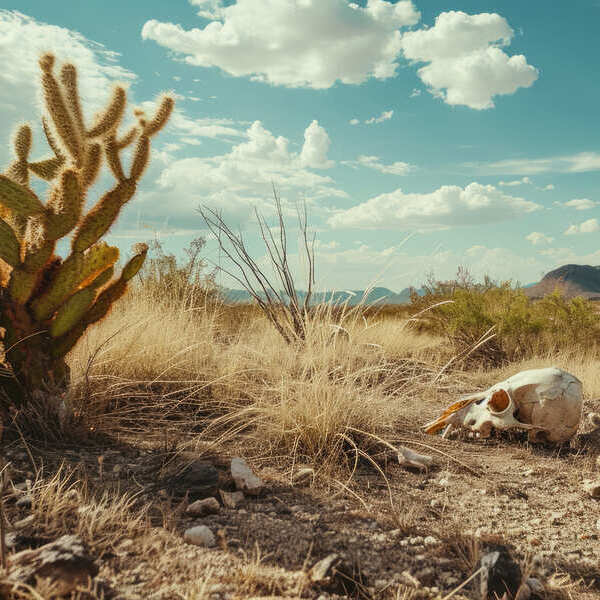 Arid desert landscape with a cactus and animal skull in the foreground, surrounded by dry grass, mountains in the distance, and a bright sky with scattered clouds.