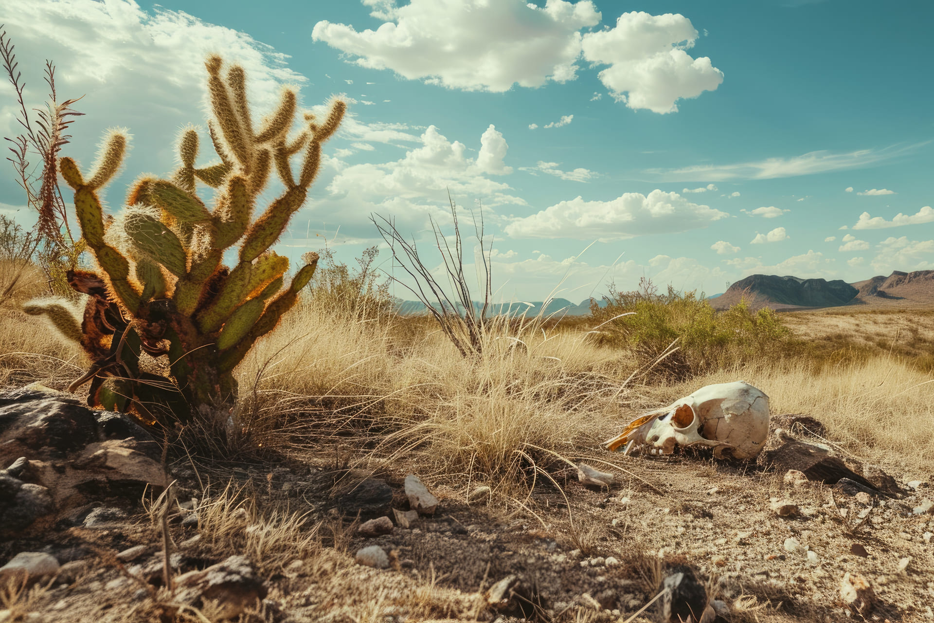 Arid desert landscape with a cactus and animal skull in the foreground, surrounded by dry grass, mountains in the distance, and a bright sky with scattered clouds.