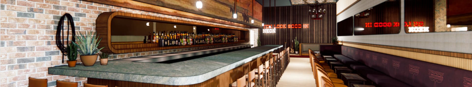 Modern bar interior with green stone countertop, wooden barstools, and neon sign reading “YOU LOOK GOOD IN NEON.”