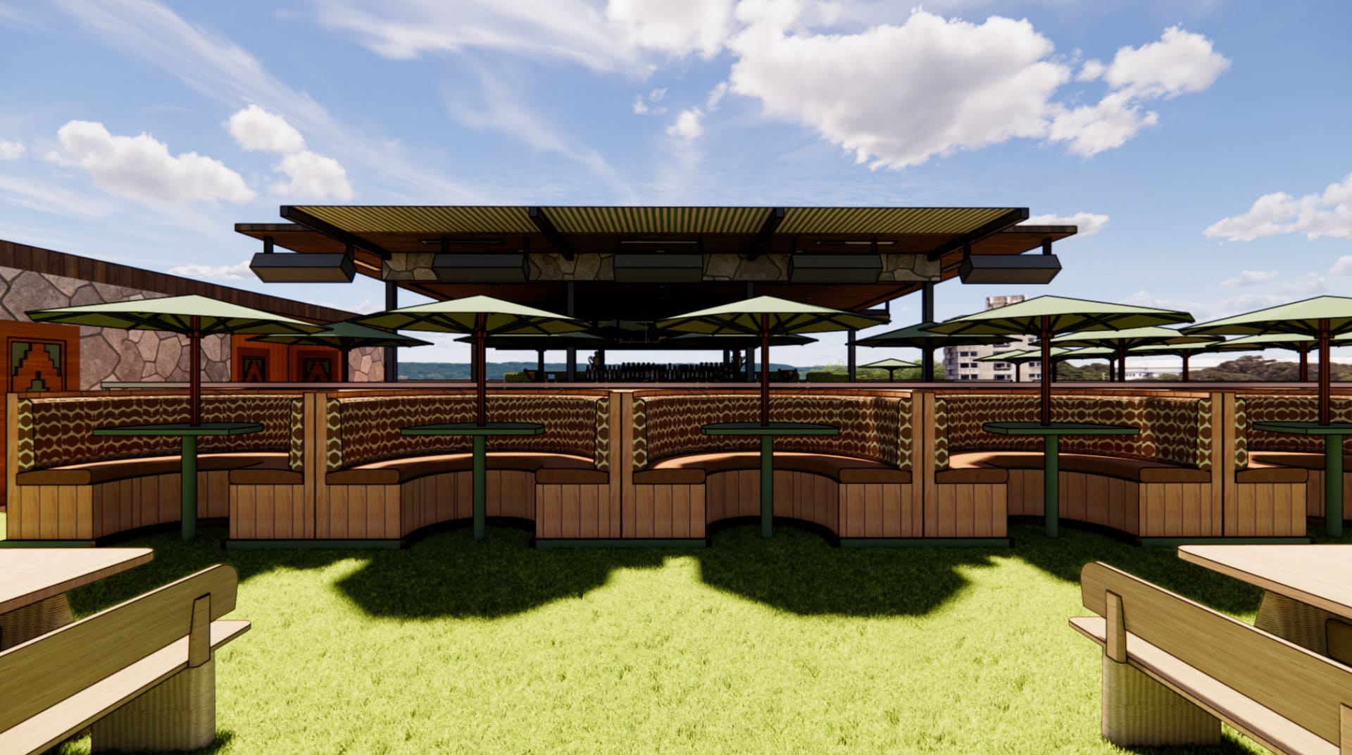 Outdoor seating area with curved wooden booths, green grass, large umbrellas, and an open-air bar in the background under a modern pavilion roof.