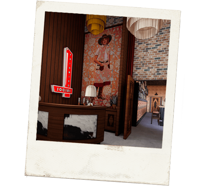 Reception area at Palomino Ranch featuring cowhide textures, a red neon sign reading “Palomino Social,” retro pendant lights, and a vintage-style cowgirl mural on a floral wallpaper background.