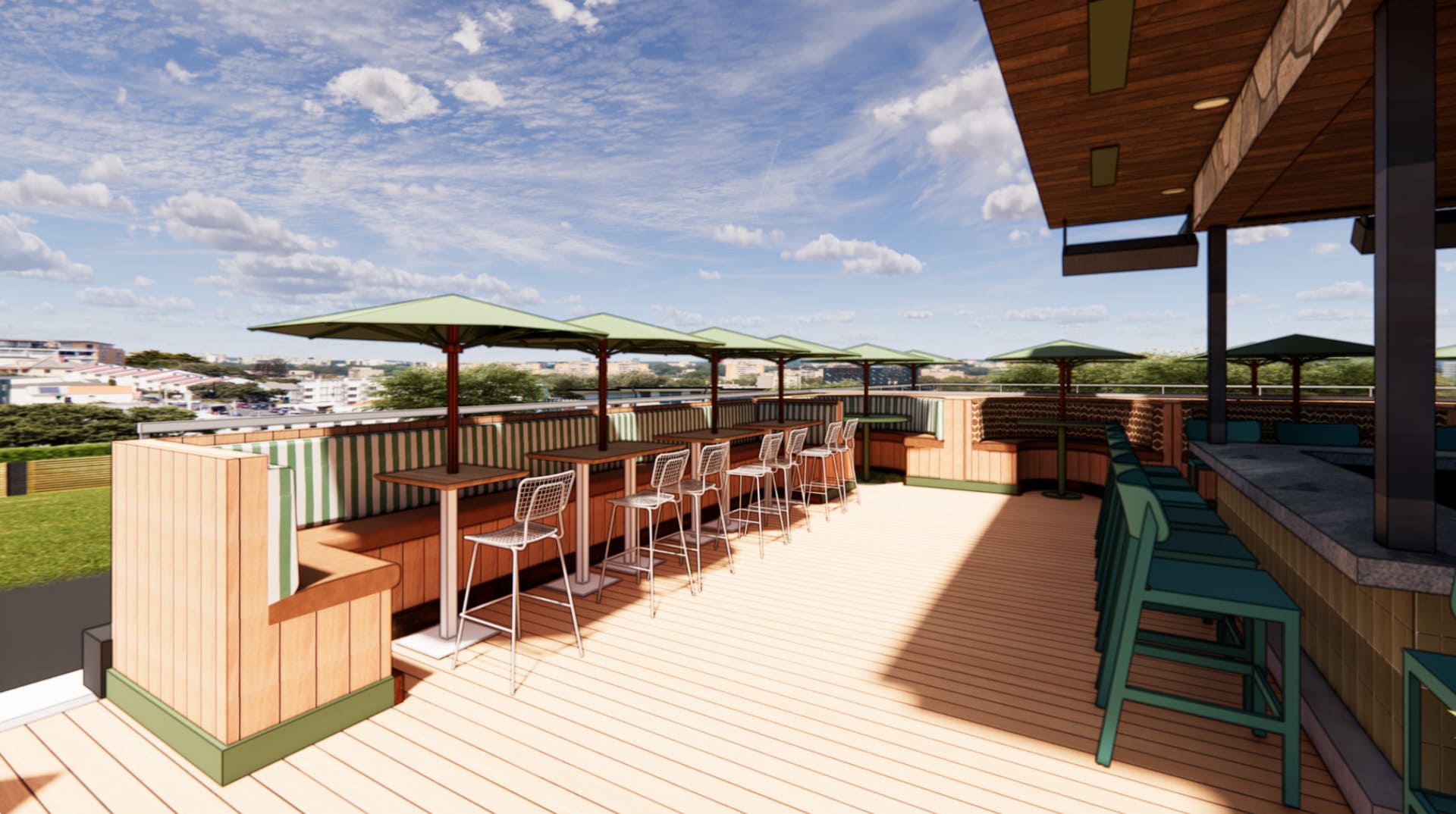 Outdoor rooftop bar with shaded seating, featuring green umbrellas, striped booth backs, and a city skyline in the background.