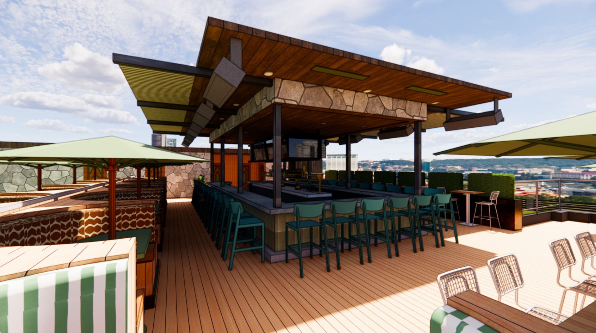 Rooftop bar with green chairs, stone and wood details, large overhang, and umbrella-covered booths overlooking the city.