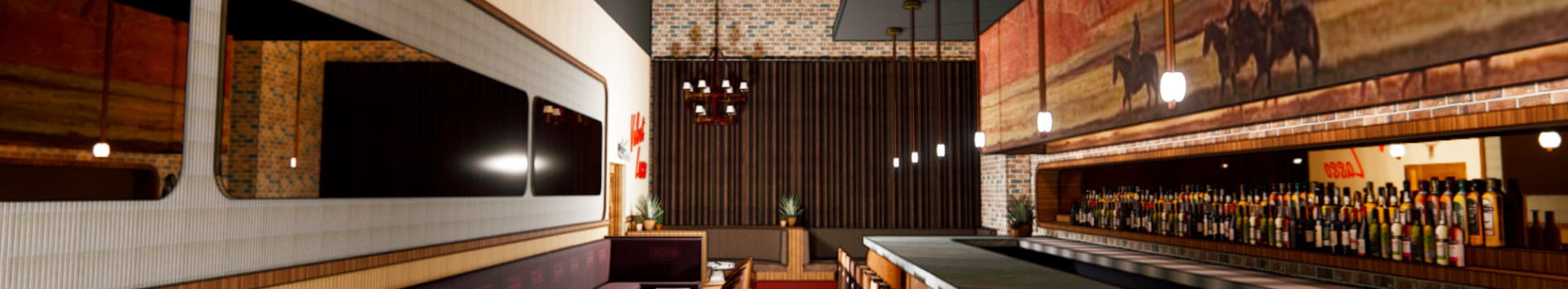 Wide-angle interior view of a Western-themed bar with a long stone countertop, leather barstools, and a backlit liquor display beneath a mural of cowboys on horseback.