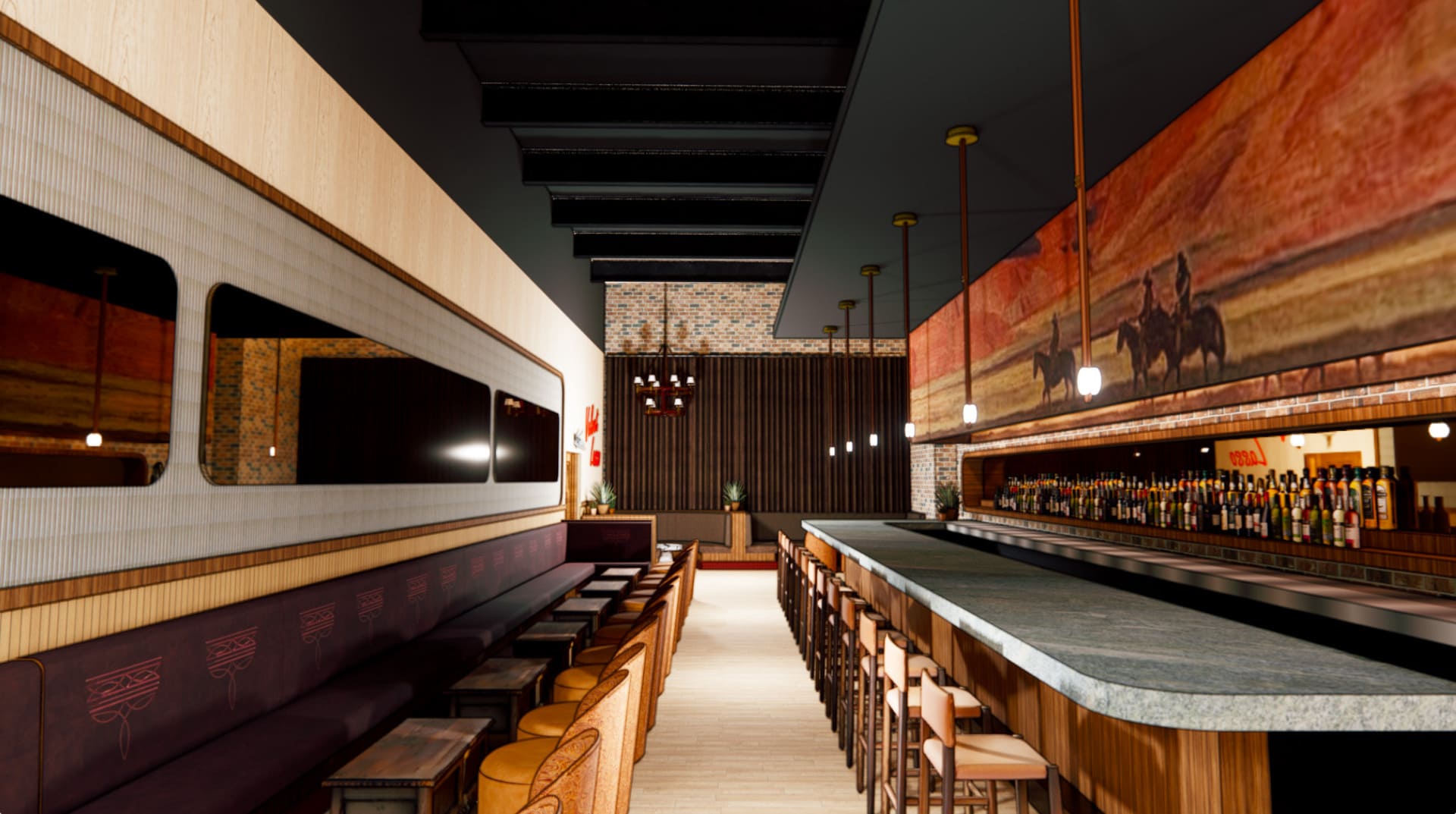 Wide-angle interior view of a Western-themed bar with a long stone countertop, leather barstools, and a backlit liquor display beneath a mural of cowboys on horseback.