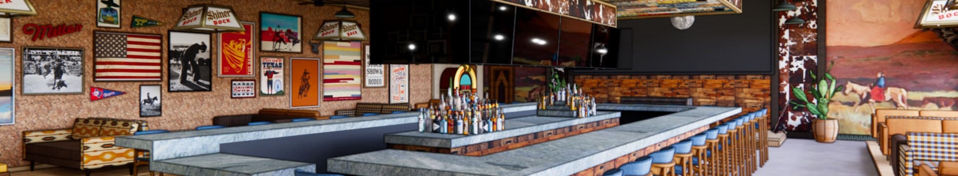 Western-themed bar interior with cowhide trim, license plates on ceiling, and fully stocked bar with stools.