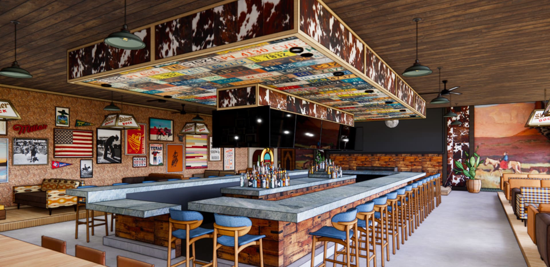 Western-themed bar interior with cowhide trim, license plates on ceiling, and fully stocked bar with stools.