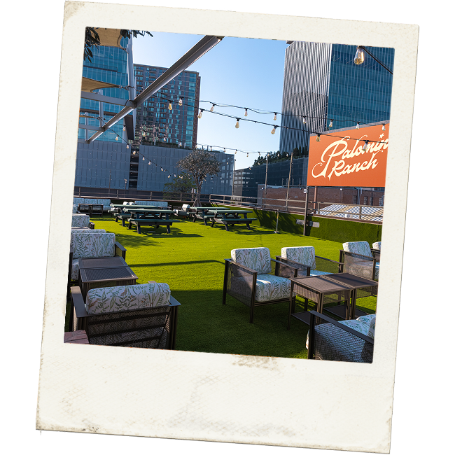 Rooftop lawn at Palomino Ranch with outdoor seating, string lights, picnic tables, and tall city buildings in the background.