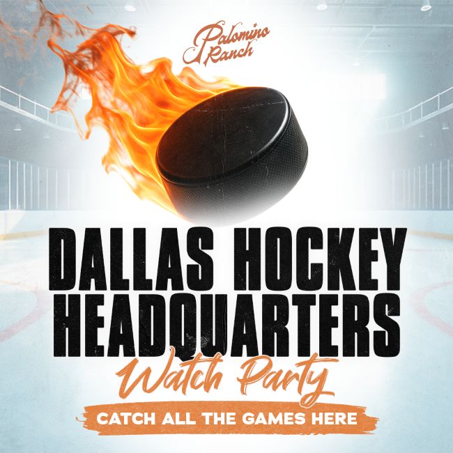 Promotional graphic showing a flaming hockey puck above the text “Dallas Hockey Headquarters Watch Party” inside an ice rink.