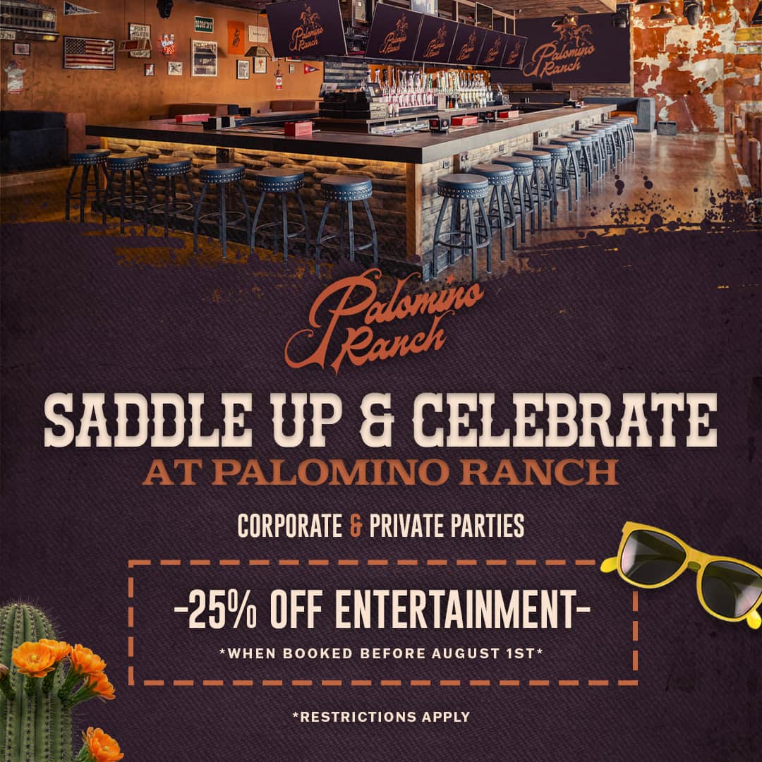 Promotional graphic for Palomino Ranch featuring a western-style bar interior and a discount offer for corporate and private event bookings.